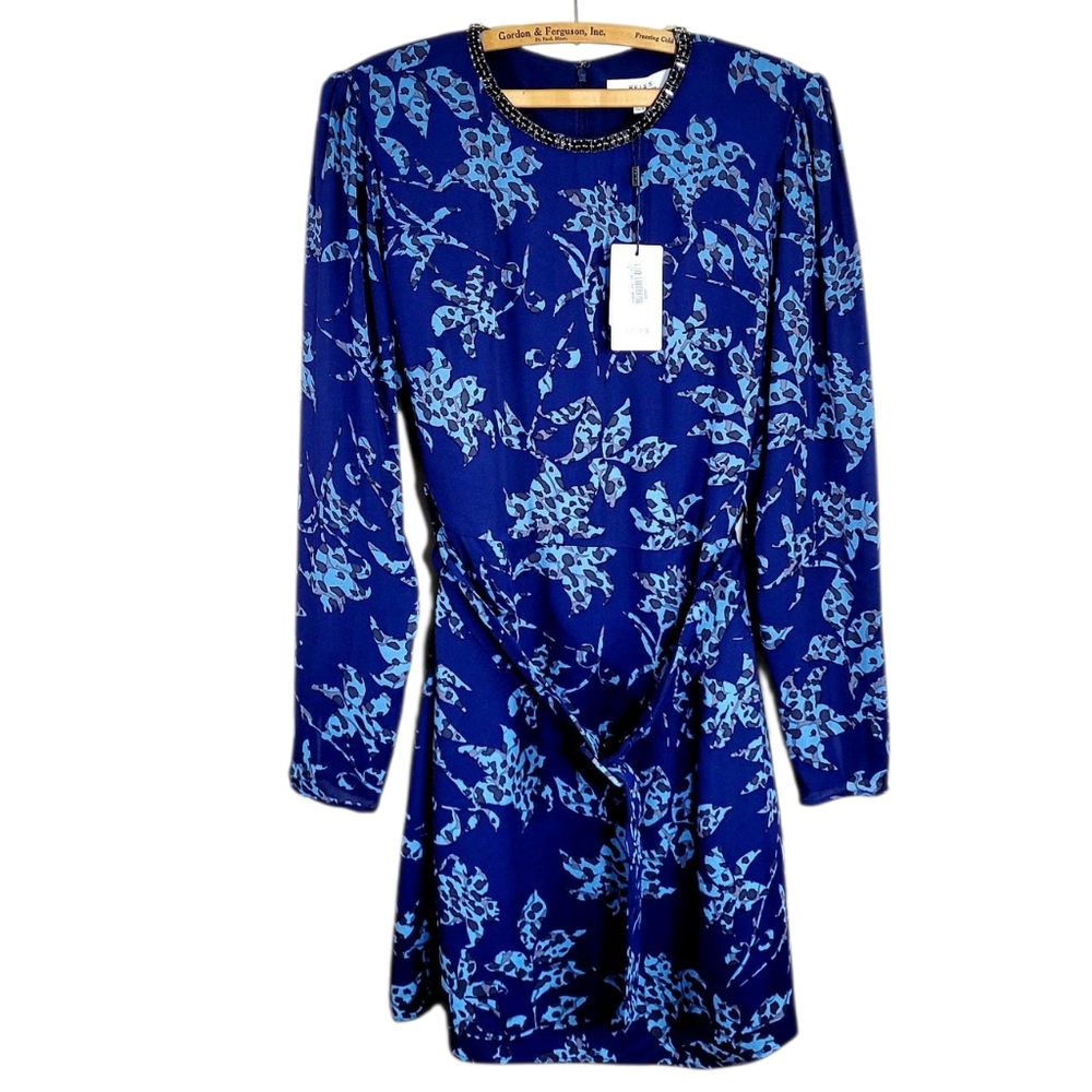 NWT REISS Jeweled Neckline Belted Melody Floral Long Sleeve Mini Dress Size 8 - Picture 3 of 13